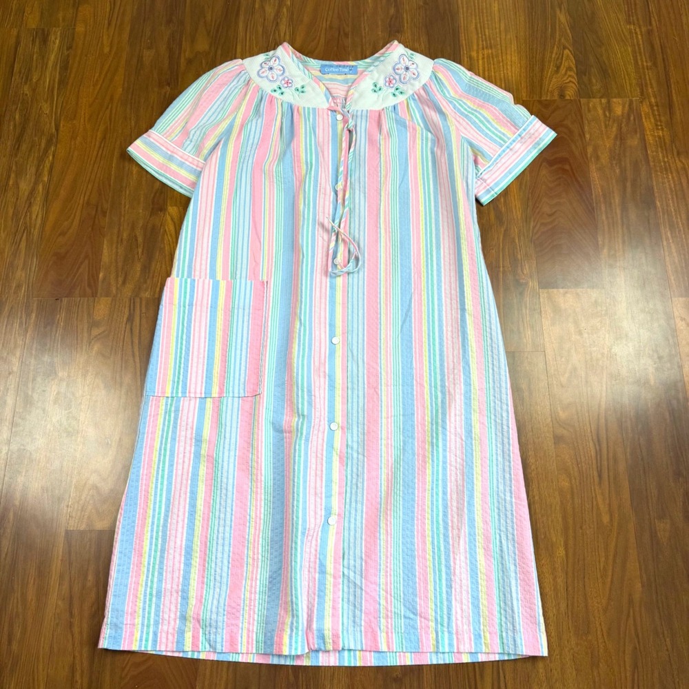 Vintage Coffee Time Pastel Striped House Dress Floral Embroidered Robe Small